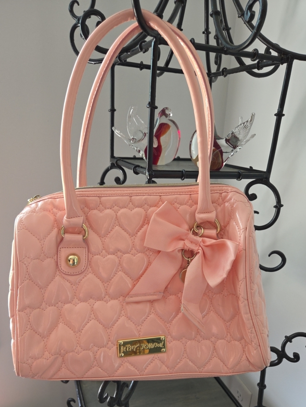 Betsey Johnson Womens Pink Quilted Heart and Bow Satchel Handbag